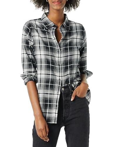 Image of Amazon Essentials Women's Regular-Fit Long-Sleeve Lightweight Plaid Flannel Shirt, Black White Large Plaid, L