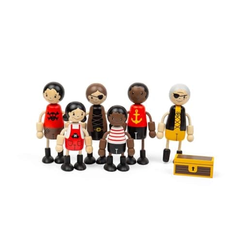 Image of Bigjigs Toys Pirate Dolls | Set of 6 Pirates for Wooden Doll House or Ship Toy | Wood People Figures for Kids' Role Play Games | Includes Small Treasure Chest | Fantasy Character Playset for Children