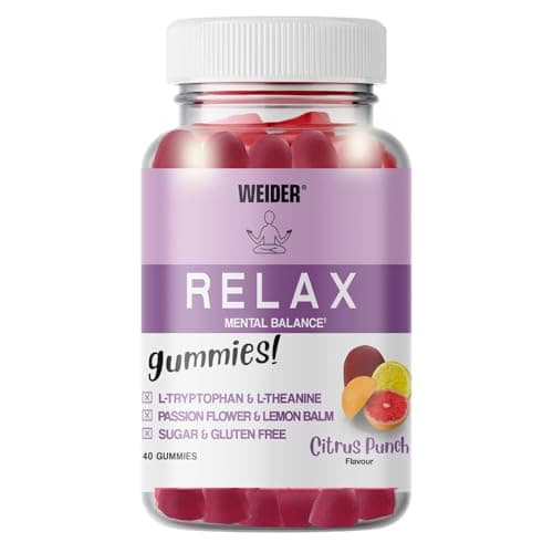Image of Weider Relax Gummies (40 Gums) Citrus Punch Flavour. Gummies with L-Theanine, L-Tryptophan, Passionflower and Lemon Balm extracts, Vitamin B6. Facilitates Relaxation. No Added Sugars, Gluten-Free.