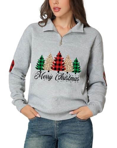 Image of Glimnerize Womens Print Sweatshirt Christmas Jumper Gnome Funny Graphic 1/4 Zip Standing Collar Hoodie Grey-A4 S