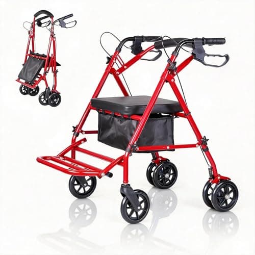 Image of Lightweight Transport Wheelchair for Adults， Foldable Portable Wheelchair with High Weight Capacity, Adjustable Height and Underseat Storage Bag， 6 Inch Wheels Red 84.0L x 56.0W x 91.0H cm