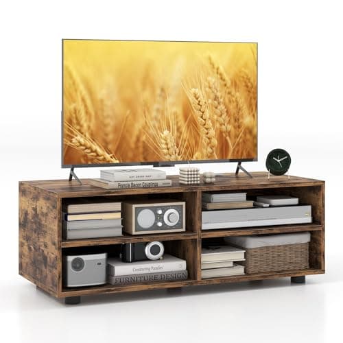 Image of COSTWAY TV Stand Cabinet for TVs up to 40"/55", Wooden Media Entertainment Center with Storage Cubes and Adjustable Shelves, TV Unit Console Table for Living Room Bedroom (Rustic Brown, 4 Cubes)