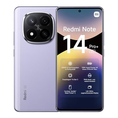 Image of Xiaomi Redmi Note 14 Pro+ 5G smartphone, 8+256GB, purple, 200MP pro-grade AI camera, IP68, 120W HyperCharge, AI features (no charger included), 2 year Warranty
