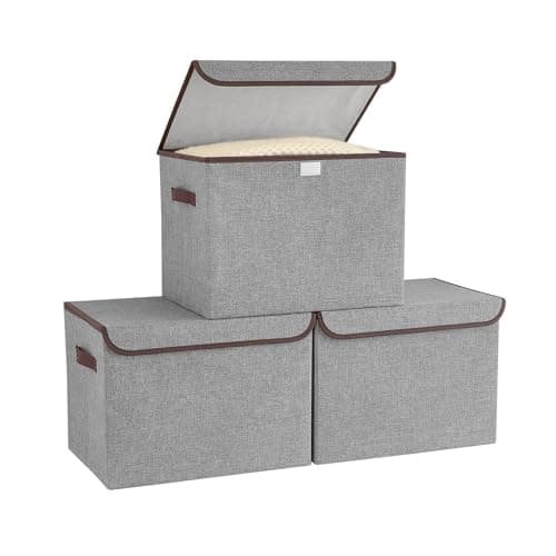 Image of Bagnizer Storage Baskets with Lids Foldable 3PCS Collapsible Wardrobe Storage Boxes Lightweight Storage Box Fabric for Organize Large Box Bedroom Office Grey 37x24x24CM