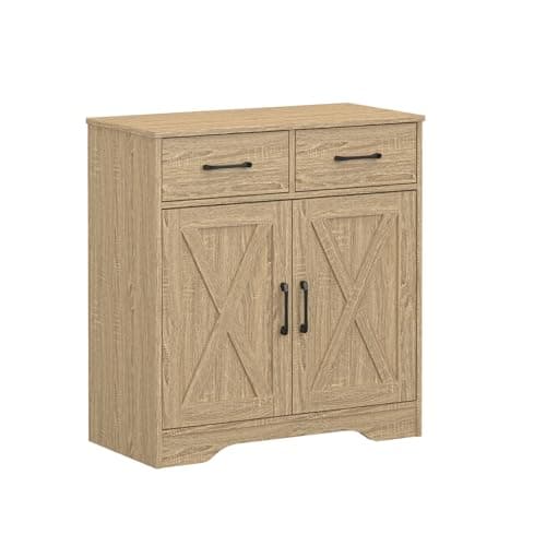 Image of Panana Wooden Storage Cabinet Rustic Organizer for Living Room Kitchen Free-Standing 2 Doors 2 Drawers Hallway Farmhouse Style (Oak)