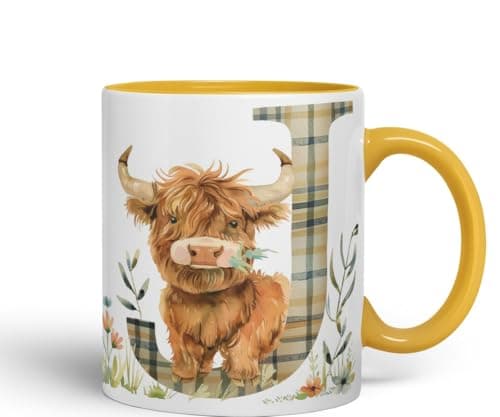 Image of Vixar Highland Cow Alphabet Monogram Coloured Ceramic Cup Mug – Letter J – Rustic Farmhouse Animal Letter Gift – 11oz (Gold Yellow)