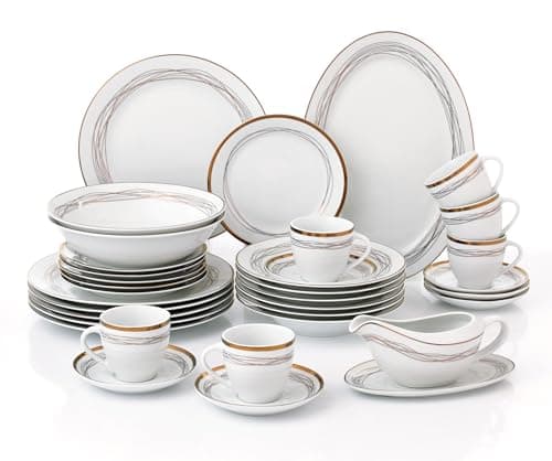 Image of 35pc Waterside Gold Swirl Porcelain Dinnerware Set; 6 Dinner Plates, Side Plates, Soup Bowls, Cup, Saucers, 2 Salad Bowls and Platter - Not Dishwasher & Microwave Safe Due to Gold Decor
