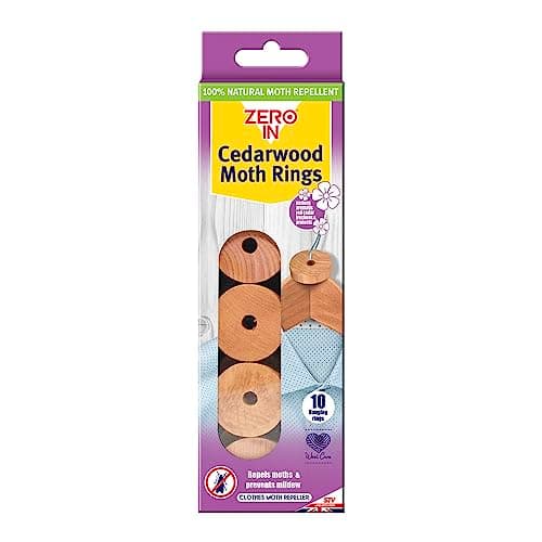 Image of Zero In Cedarwood Moth Repellent Ring - 10-Pack. Made from 100% Natural Eastern Aromatic Red Cedar for Effective, Long-lasting, Chemical-free Control. Place in Wardrobes, Drawers and Cupboards