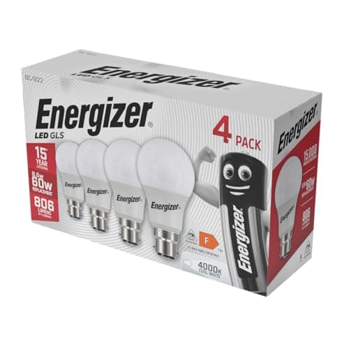 Image of Energizer 60W LED Bayonet Light Bulbs B22/BC – 60 Watt Equivalent, 8.5W Energy-Saving, 806 Lumens, 4000K Cool White, Pack of 4