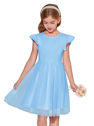 Image of Haloumoning Girls' Dresses Ruffled Sleeves Round Neck Solid Color Summer Dress A-Line Princess Tulle Dress Festive Birthday Wedding Party Casual Dress, Blue, 11-12 Years