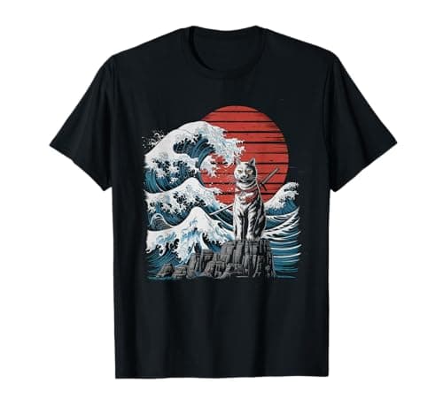 Image of Samurai Cat Vintage Ukiyo-e Warrior Kanji Japan Anime Ink T-Shirt