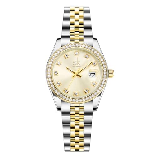 Image of SHENGKE Women's Crystal Accented with Solid Alloy Steel Band Watch Elegant Dress Quartz Calendar Watches for Women (Silver-Gold)