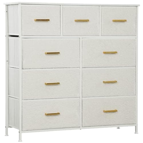 Image of HOMCOM Chest of Drawers with 9 Fabric Drawers, Boucle Storage Organiser with Steel Frame, Fabric Dresser for Bedroom, Living Room, Hallway, Cream White