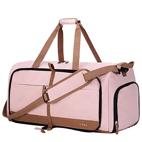 Image of Lekesky Large Foldable Travel Duffe Bag - 60L Waterproof Holdall Luggage Bag with Shoes Compartment, Weekend Overnight Sports Bag for Women and Men (Pink, 63 * 30 * 28cm)