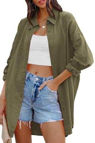 Image of Cicy Bell Women's Blouse Oversized Long Sleeve Button Down Shirts Casual Cotton Top with Pockets, Army Green, S