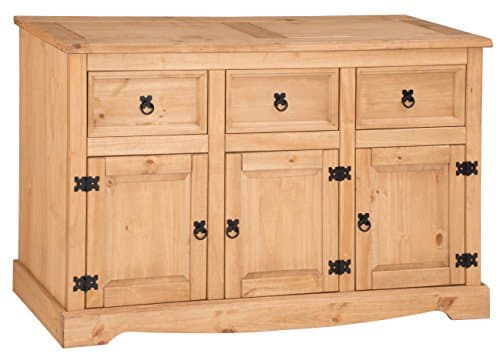 Image of Corona 3 Door 3 Drawer Large Sideboard Wooden Solid Wood Pine Light Fiesta Wax Dresser Hallway Living Room Kitchen Dining Room Bedroom Side Unit Mexcian Style 76cm High 125cm Wide 40cm Deep