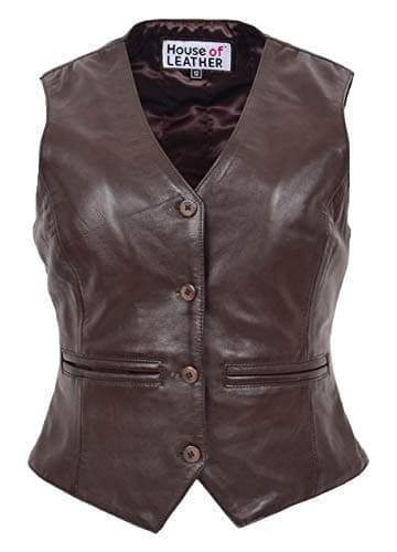 Image of Womens Real Leather Waistcoat Button Fastening Traditional Style Rita (12, Brown)
