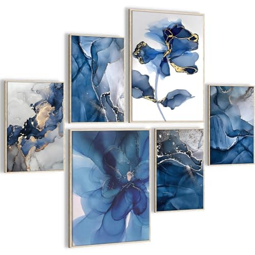 Image of HONEYBABY Blue Canvas Wall Art for Living Room Modern Flower Framed Bathroom Wall Artwork Floral Nature Wall Art Pictures for Bedroom Walls Office Kitchen Hallway Set of 6