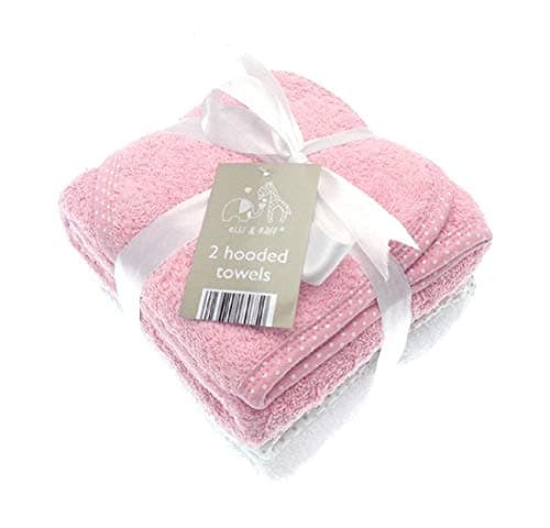 Image of 2 Soft White Elli and Raff Baby Hooded Bath Time Towel 100% Cotton Baby Gift (Pink)