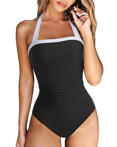 Image of DOULAFASS Tummy Control Swimwear High Neck Swimming Costume Women Bandeau Strapless Swimsuit Padded Ladies One Piece Black White