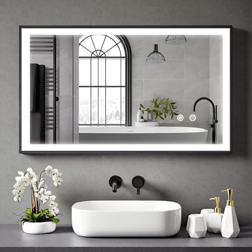 Image of BELOFAY 1000x600mm Black Framed LED Bathroom Mirror, Illuminated Bathroom Toughened, Mirror with LED Lights, Dimmable, Anti-fog, Shatter-Proof, Tempered Wall Mirrors, with Demister Pad Lucian