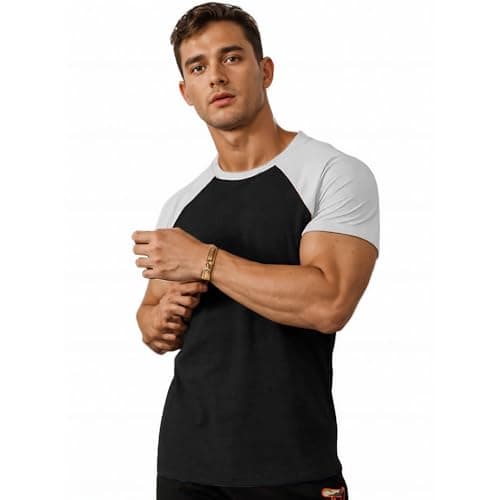 Image of DLSMDOUS Mens Muscle Cut Raglan Tshirts with Short Sleeve Fitness Workout Tops 4320 Black-White M