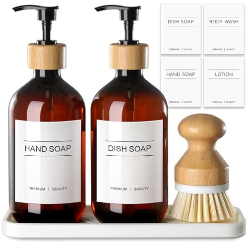 Image of GMISUN Amber Hand and Dish Soap Dispenser Set with Tray, 500 ML Plastic Kitchen Sink Soap Dispenser with Bamboo Dish Brush, Farmhouse Kitchen Washing Up Liquid Dispenser Bottle with Pump Bathroom