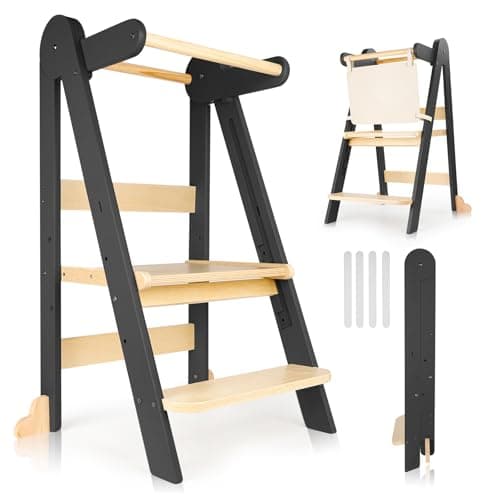 Image of Toddler Learning Tower with Foldable Design, 3-Level Adjustable Height, Safety Guardrail & Anti-Tip Protection - Ideal for Kitchen Counter Helper, Family Mealtime & Bathroom Use (Black)