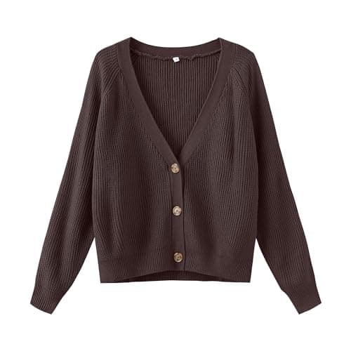 Image of TASAMO Women's Crop Cardigan Long Sleeve V-Neck Button Down Knit Lightweight Outerwear Chunky Sweater Coffee