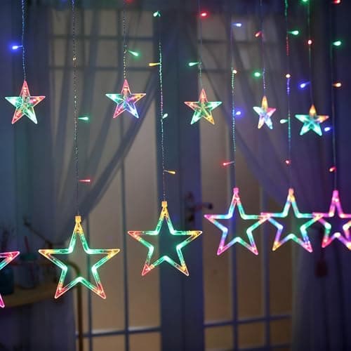 Image of shsyue Christmas Star Curtain Light,Christmas Decorations Light Indoor,Window Lights with 12 Stars 138 LED for Xmas Tree,Wedding,Garden, Bedroom,Multicolor Light 8 Modes USB