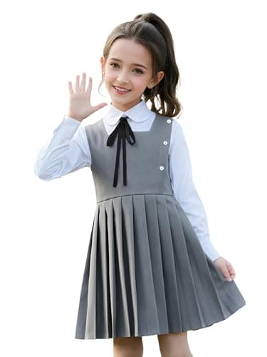 Image of LOLANTA Girls Pleated Pinafore School Uniform Jumper Dress, Square Neck Sleeveless with Button Decoration, Anti-Wrinkle, Grey, 7-8 Years, 130