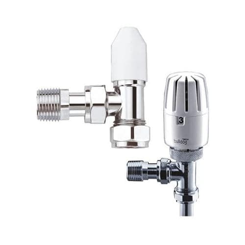 Image of Pegler Bulldog Thermostatic Radiator Valve & Lockshield Pack 15mm Chrome White Angled TRV 643150