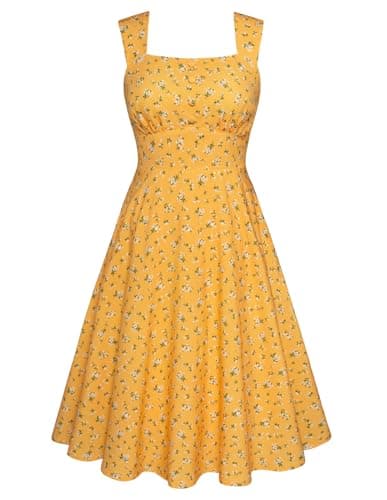 Image of Belle Poque Dresses for Women Square Neck Sleeveless Midi Dress Summer Yellow Floral Midi Dress M