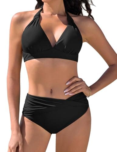 Image of Nadeer Women's Bikini Set Two Piece Swimsuit Sexy Halter Neck Bathing Suit Mid-High Waisted Vintage Swimwear Black
