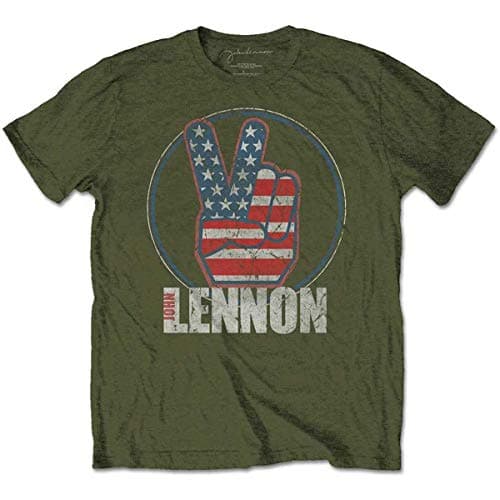 Image of John Lennon Men's Peace Fingers US Flag Regular Fit Crew Neck Short Sleeve T - Shirt, Green (Military Green Military Green), X-Large (Manufacturer Size:X-Large)