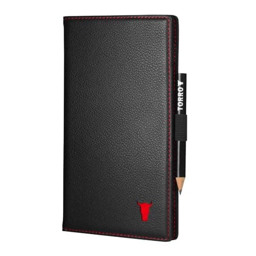 Image of TORRO Golf Scorecard Holder – Genuine Leather Golf Score Card Wallet with Card Slot and Pencil Loop (Black with Red Detail)