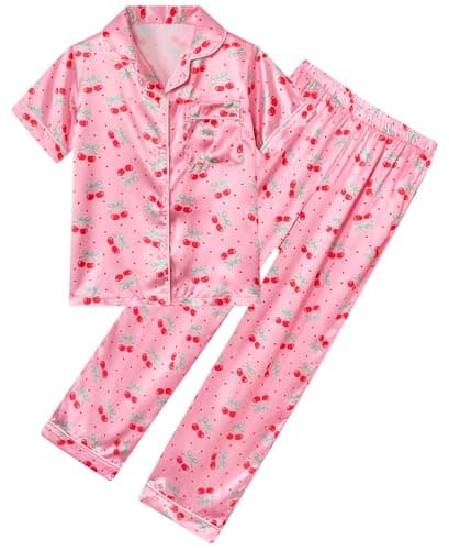 Image of Fanient Girls Pyjamas Sets Girl Silk Button-Down Pyjama Cherry Printed Pink Sleepwear Soft Lounge Set with Pockets 7-8 Years,8Y
