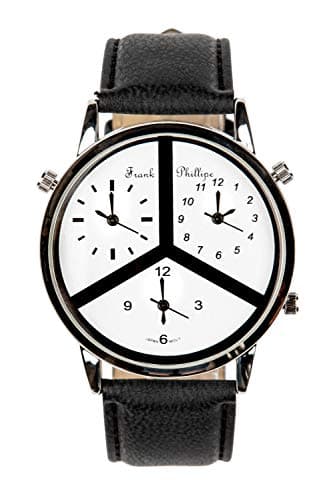 Image of Frank Phillipe Men’s Three Time Triple Zone Leather Strap Wrist Watch, Analog Display, Japanese Quartz Movement, Buckle Clasp (Black Strap Silver Dial White Face)