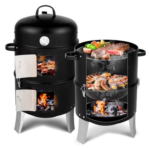 Image of Outopee Vertical 18.5" Barbecue Charcoal Smoker, Heavy Duty 3-in-1 Portable Outdoor BBQ Grill Cooker with Built-in Thermometer for Outdoor Backyard Cooking Grilling Camping
