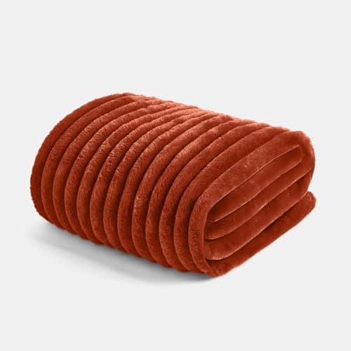 Image of OHS Faux Ribbed Throw Blanket for Sofa, Soft Cosy Warm Winter Thick Fleece Blanket Over Bed Decorative Fluffy Single Bed Throws Gifts for Adults, Rust - 125 x 150cm