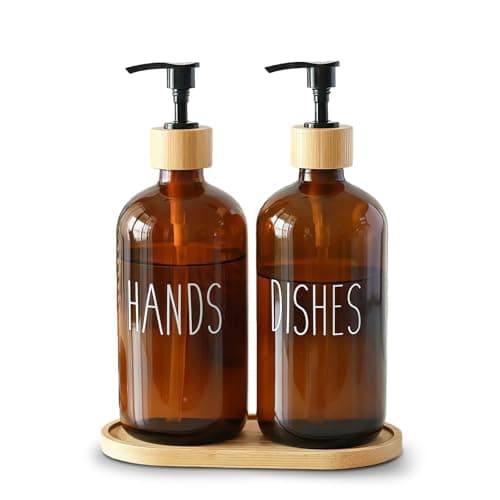 Image of 2 Pack 500ml Amber Glass Soap Dispensers with Bamboo Tray - Refillable Hand & Dish Soap Dispenser Set for Kitchen Countertop and Bathroom, Shampoo Lotion Bottles with Pump