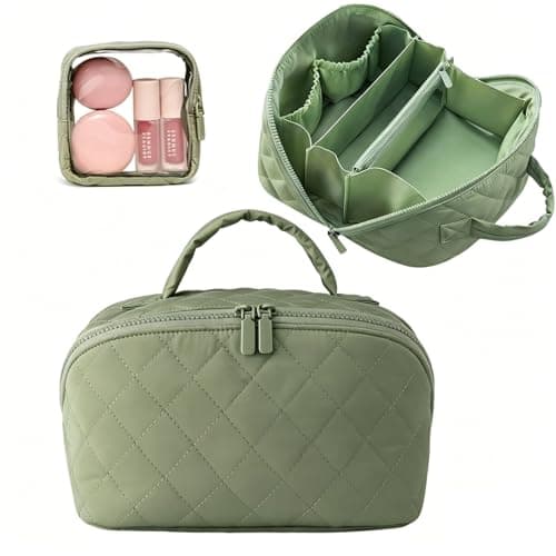 Image of 2-Piece Set Flat Lay Makeup Bag, Large Capacity Open Flat Makeup Bag with Compartments, RARITYLL,Waterproof Travel Makeup Bag Organizer Pouch for Women, Toiletries & Brushes (Green)