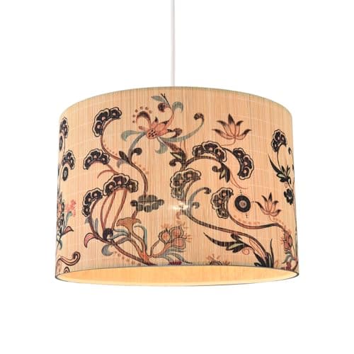 Image of Contemporary Multi Coloured Floral Light Brown Bamboo Round Pendant Lamp Shade | 30cm x 20cm | Clear PVC Inner Lining by Happy Homewares