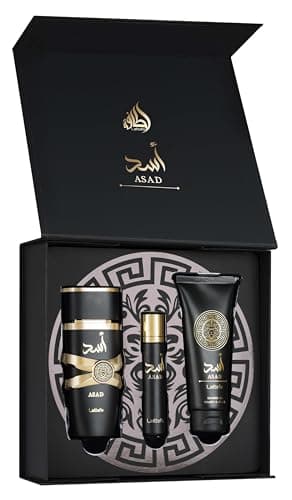 Image of Asad Lattafa Gift Set for Men – 100ml Eau de Parfum + 12ml Travel Spray + 100ml Shower Gel | Long-Lasting Arabic Scent