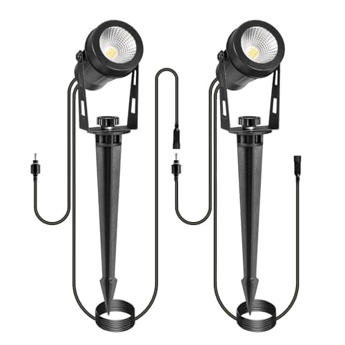 Image of IRISECO Garden Spotlights Mains Powered, 2 Pack Extension Garden Uplighters with 3M Cable for 12V Low Voltage Warm White Outdoor Spot Lights, IP65 Waterproof Spike Lighting (No Plug)