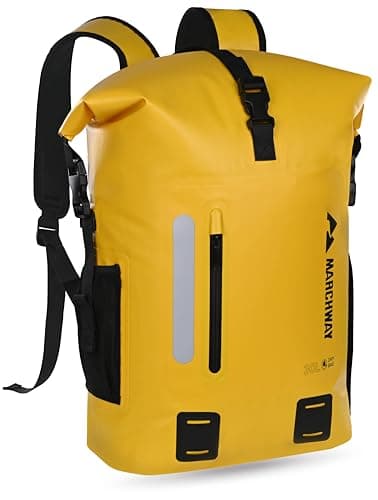 Image of MARCHWAY Roll Top Waterproof Backpack, Floating Dry Bag 20L/30L/45L with Ergonomic Rectangular Base, Cushioned Back, Hip Strap, Gear Loops, MOLLE for Hiking Camping Kayaking Travel (Yellow, 20L)