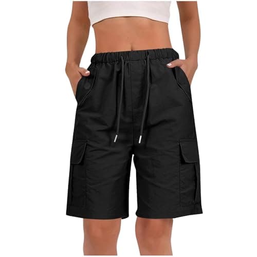 Image of RLEHJN Cargo Shorts Women UK Clearance, Ladies Bermuda Shorts Baggy Short Cargo Pants with Multiple Pockets Summer Drawstring Elasticated Waist Half Pants for Outdoor Hiking Work Travel Golf Black