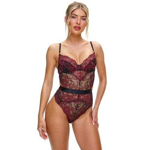 Image of Ann Summers Hold Me Tight Body Hourglass Shaping, Ladies Underwear with Brazilian Brief, Bodysuit with Cut-Out Back, & Underwired Cups - Genuine Womens Lingerie Black/Red