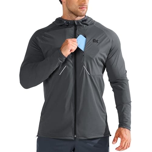 Image of BROKIG Mens Aerolight Running Jacket, Lightweight Gym Tracksuit Hoodies Windbreaker Hiking Hooded Sweatshirts Zip Up (X-Large, Dark Grey)
