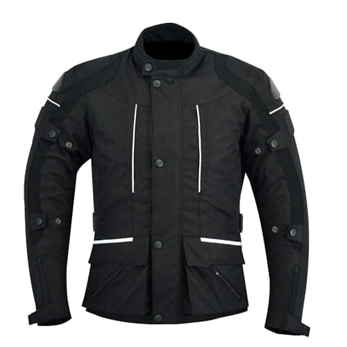 Image of Sterling Sports Mens Black/Grey Black/Red Black/High Viz Textile Motorcycle Motorbike Jacket Waterproof CE Armoured (UK, Alpha, L, Regular, Regular, Black)
